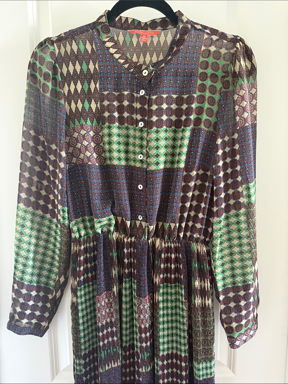 Modcloth Patchwork Green and Brown Long-Sleeve Maxi Dress - Picture 2 of 5